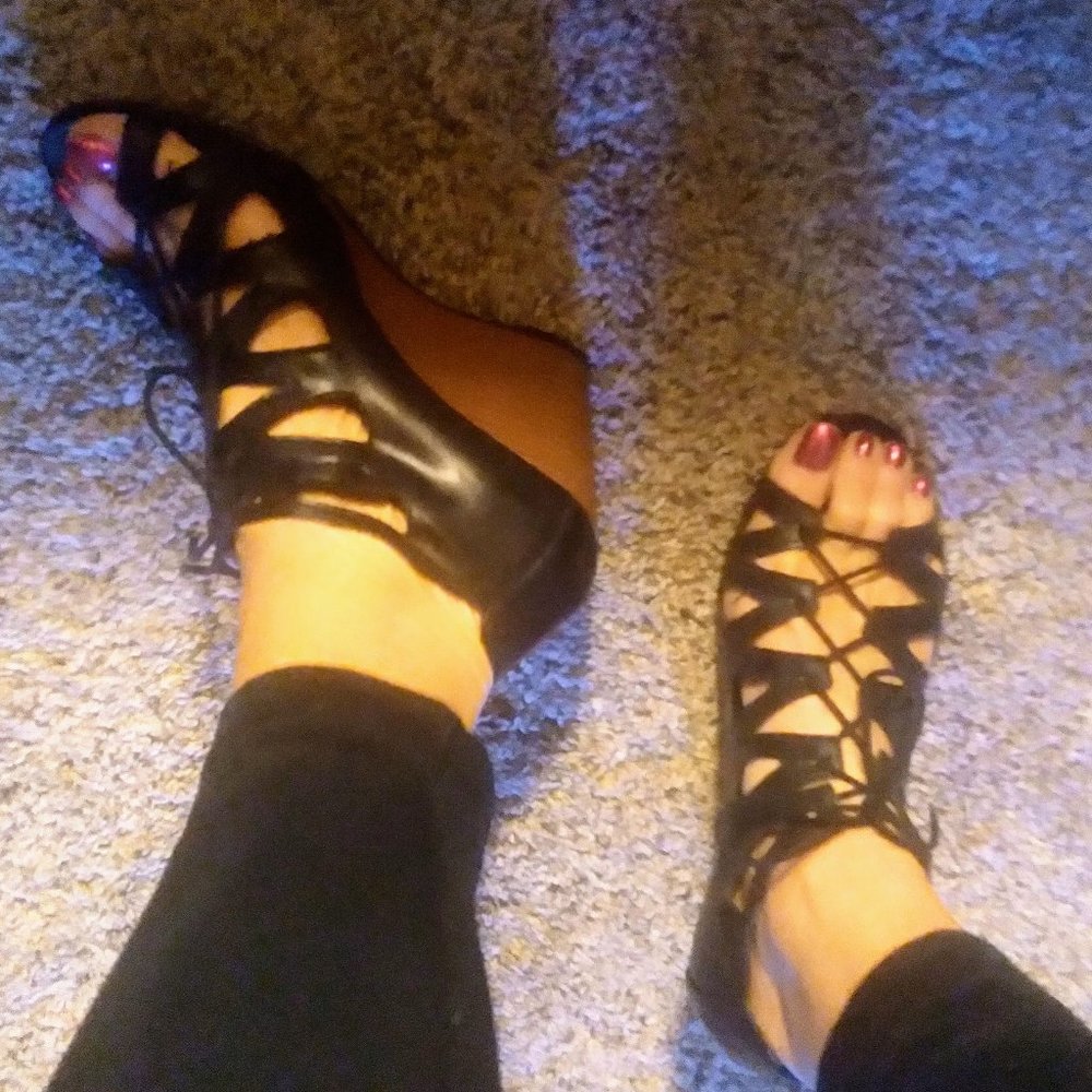 MIA Lace Up Black Cutout Wedge Sandals Size: 10M